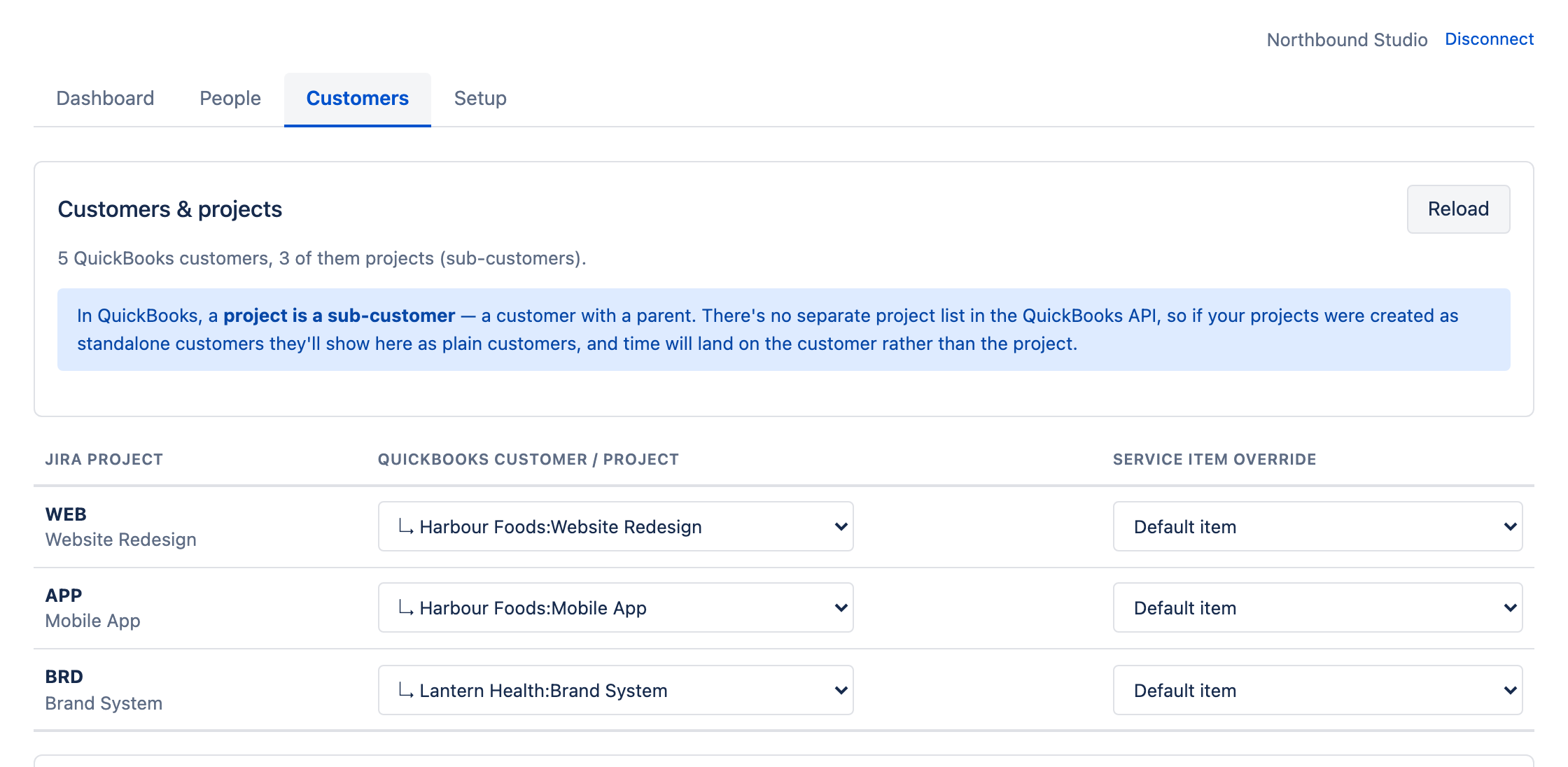 The Customers screen: Jira projects WEB, APP and BRD mapped to QuickBooks sub-customer projects such as Harbour Foods:Website Redesign, each with an optional service item override.