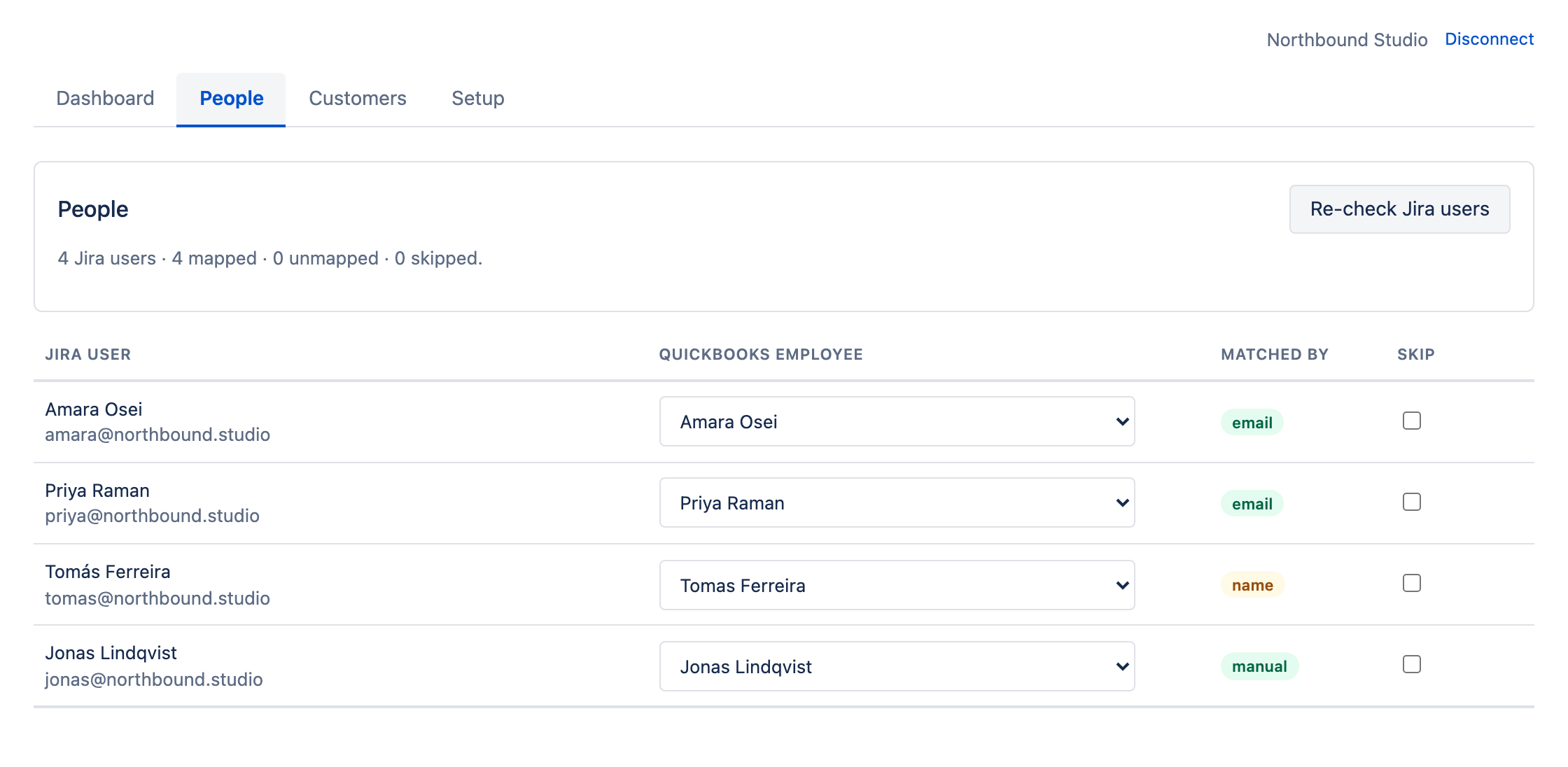 The People screen: four Jira users matched to QuickBooks employees, each row labelled with how it was matched — email, name, or manual.