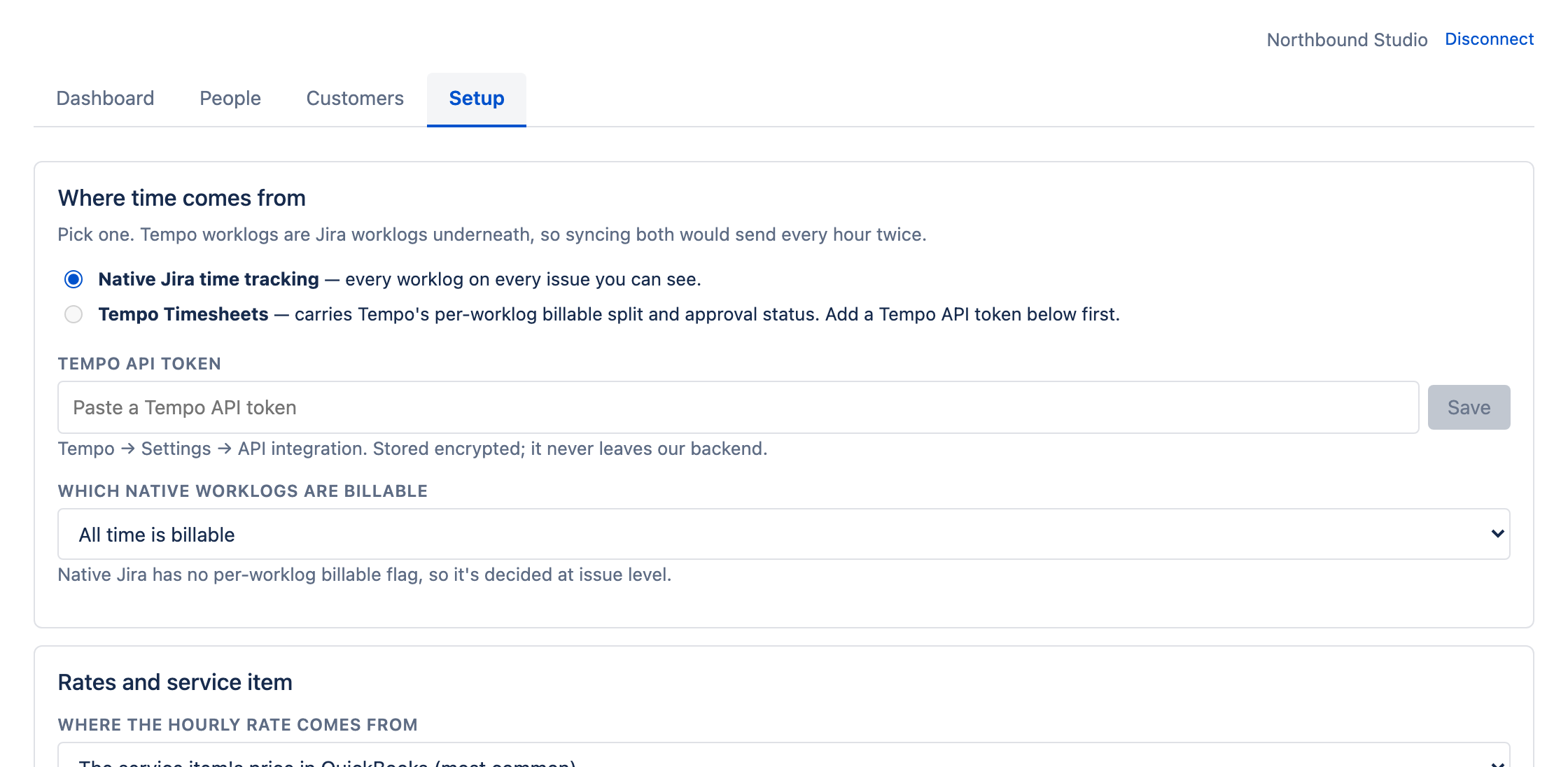 The Setup screen: a choice between native Jira time tracking and Tempo Timesheets, a Tempo API token field, and a rule for which native worklogs count as billable.