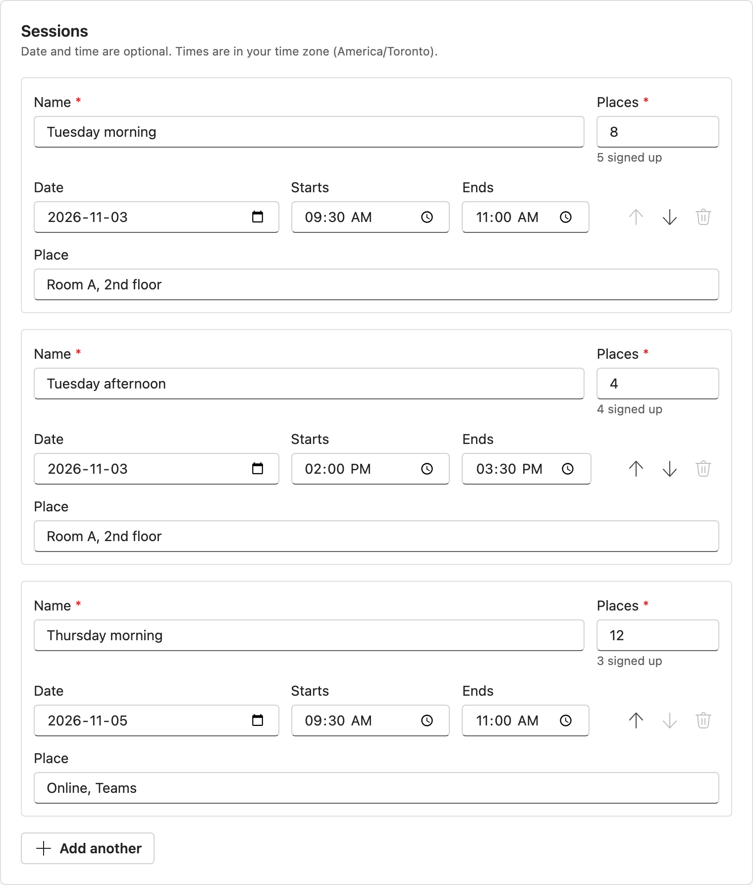 The sheet editor's Sessions section: three sessions. Tuesday morning has 8 places on 3 November from 9:30 to 11:00 in Room A, 2nd floor; Tuesday afternoon has 4 places from 2:00 to 3:30 PM; Thursday morning has 12 places, online. Each has fields for name, places, date, start, end and place, with the number already signed up under Places, and an Add another button below.