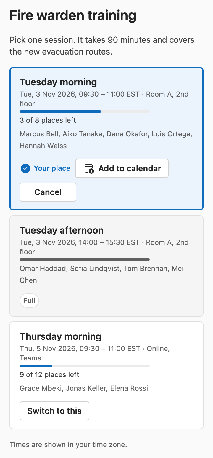 The same sign-up sheet on a phone: three sessions stacked, the first highlighted as Your place with Add to calendar and Cancel, the second marked Full, the third with a Switch to this button.